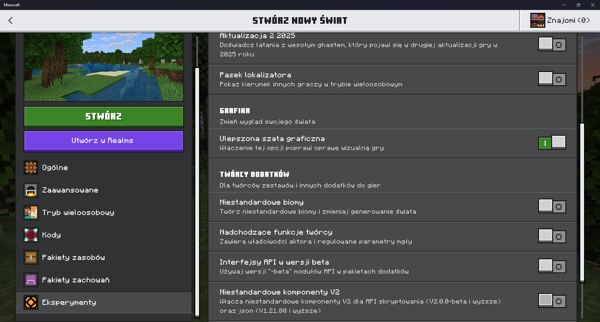 Menu eksperymenty podczas tworzenia nowego świata Minecraft Bedrock Edition
